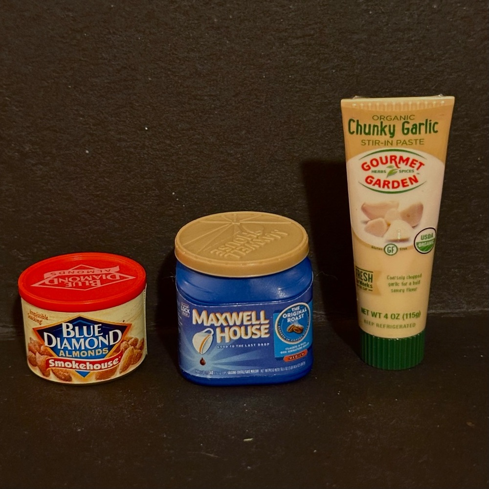 Mini Brands Blue Diamond Almonds, Maxwell House Coffee, Garlic Paste
